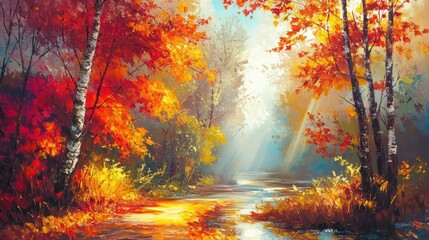 A picturesque autumn forest scene with a river winding through the trees, sunlight breaking through the leaves.