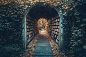 Obraz premium An arched doorway covered in ivy leads to a path lined with bookshelves.