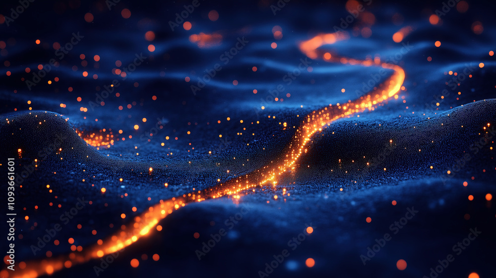 Poster visual representation of glowing lava flow at night over ocean waves illuminated by starlight in a s