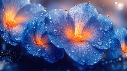 Vibrant blue flowers with dew drops highlighting nature's beauty