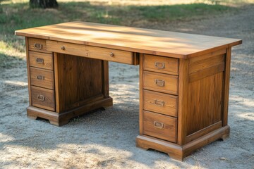 A rustic wooden desk with six drawers on either side.