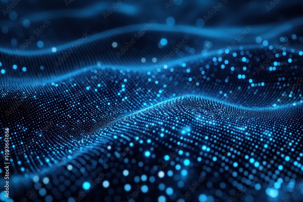 Poster abstract blue glowing particles in a wavy motion, resembling data flow or digital waves.