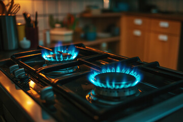 A kitchen scene showcasing a gas stove with two burners aglow, their blue flames illuminating the surrounding space.