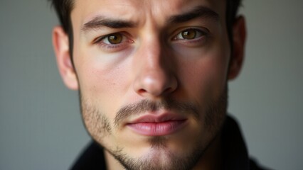 Obraz premium A man with a defined small chin beard styles, showcasing a minimalist look that enhances facial features.