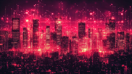 Fototapeta premium Stunning city skyline illuminated with vibrant red lights and digital connections at night. Generative AI