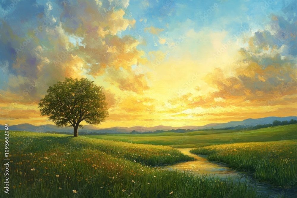 Poster a single tree stands tall in a meadow with a river flowing through it, bathed in the warm glow of a 