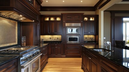 Modern kitchen with dark wood cabinets, granite countertops, and stainless steel appliances.