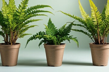 Fototapeta premium Biodegradable Pots with Exotic Ferns and Lush Green Leaves on Soft Gradient Background
