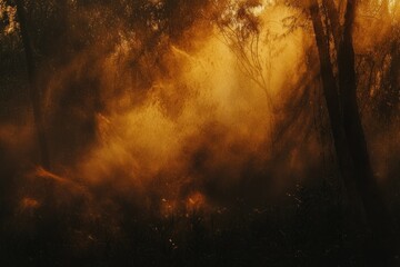 Golden light beams through the trees in a misty forest, creating a magical atmosphere.