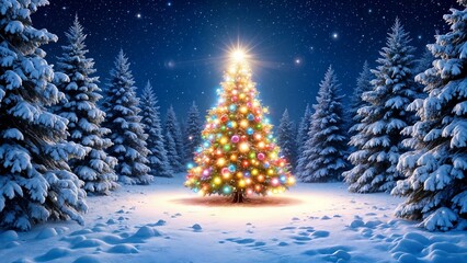 A snowy winter landscape with a Christmas tree in the center, decorated with colorful lights and ornaments. Surrounded by evergreen trees, the sky is dark blue, and the sun is shining brightly.