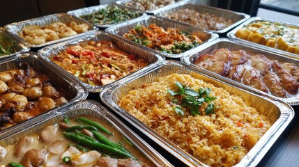 A spread of delicious Chinese food in aluminum trays, perfect for a buffet or party.
