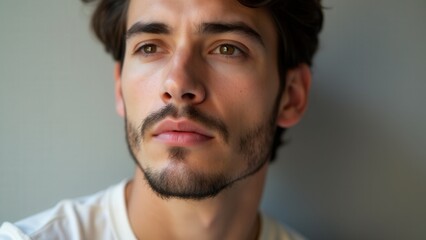 Fototapeta premium A man with a perfectly groomed small beard style, featuring a sharp fade and minimalist design.