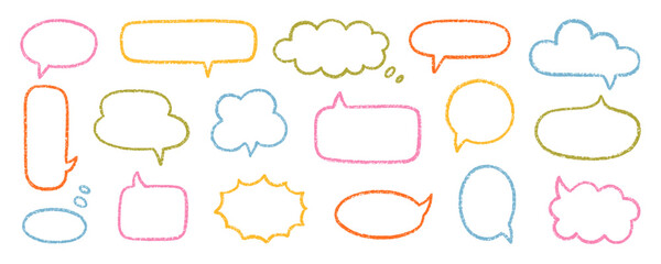 Obraz premium Chalk pencil speech bubbles doodle set. Crayon communication frame, comic talk balloon in sketch style, Grunge texture. Hand drawn vector illustration isolated on white background