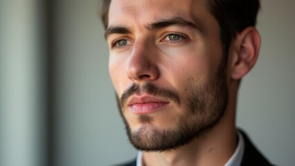 Obraz premium A man with short small beard styles, perfectly sculpted for a clean and polished appearance.