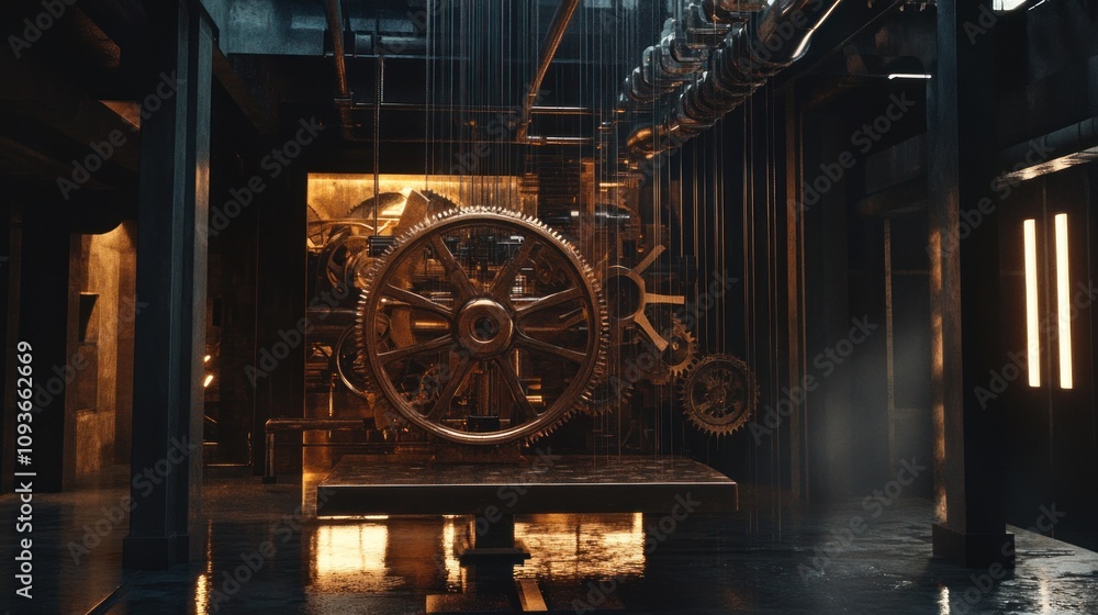 Aufkleber a large, intricate gear mechanism stands in a dimly lit industrial setting with a wet floor and hang