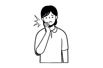 Patient boy with toothache and caries in the tooth line art illustration