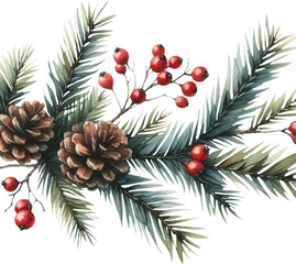 A spruce branch with red berries is painted in watercolor. Spruce branch for a greeting card. Christmas tree