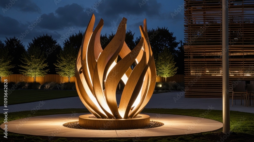 Poster here's a description and keywords for your stock photo.. illuminated abstract flame sculpture at nig