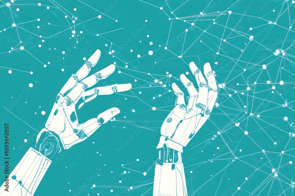 Aufkleber two robotic hands reaching out against a blue background with connected lines of white dots.