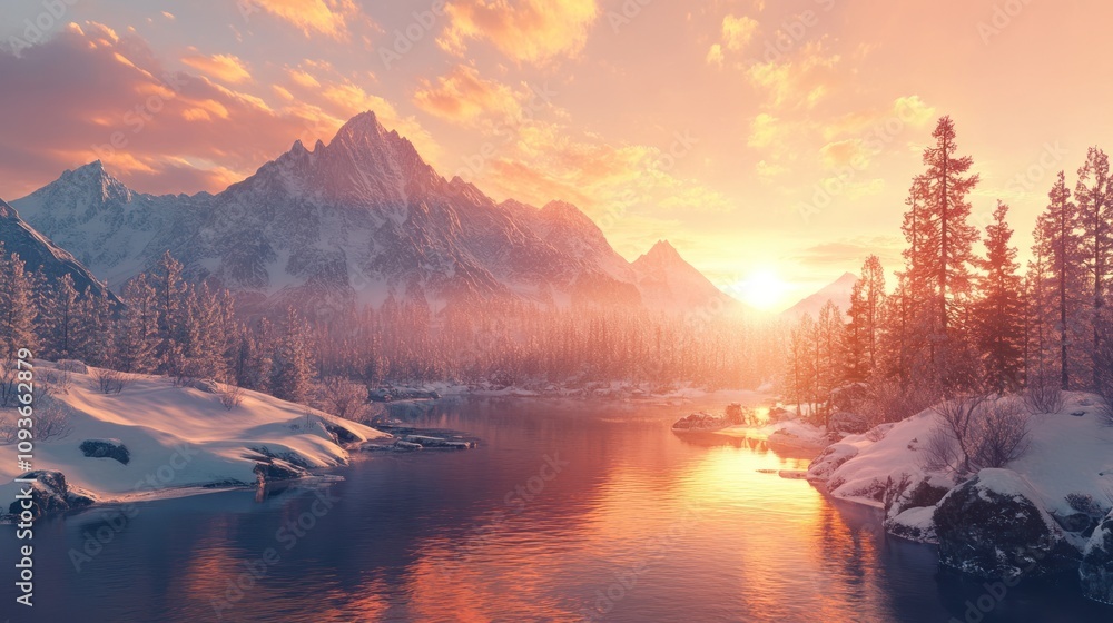 Poster a scenic view of a snowy mountain range with a lake in the foreground, as the sun sets behind the mo