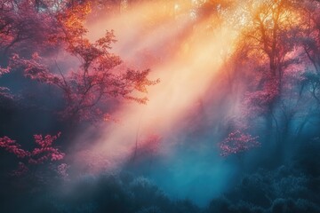 Obraz premium Misty forest bathed in warm, ethereal light, creating a magical, dreamlike atmosphere.