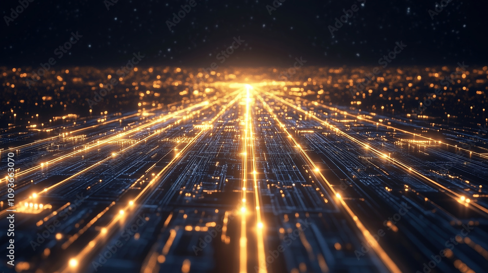 Aufkleber visual representation of digital data flow illuminated by bright light strands over a dark backgroun