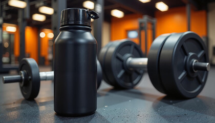 Fototapeta premium Black water bottle beside dumbbells in a modern gym setting 