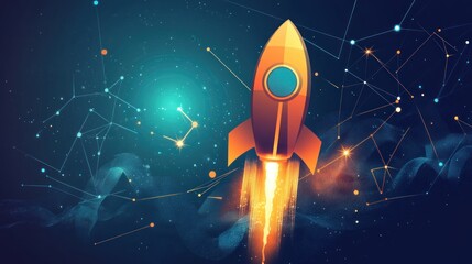 A cartoon rocket ship blasts off in a digital space filled with constellations.