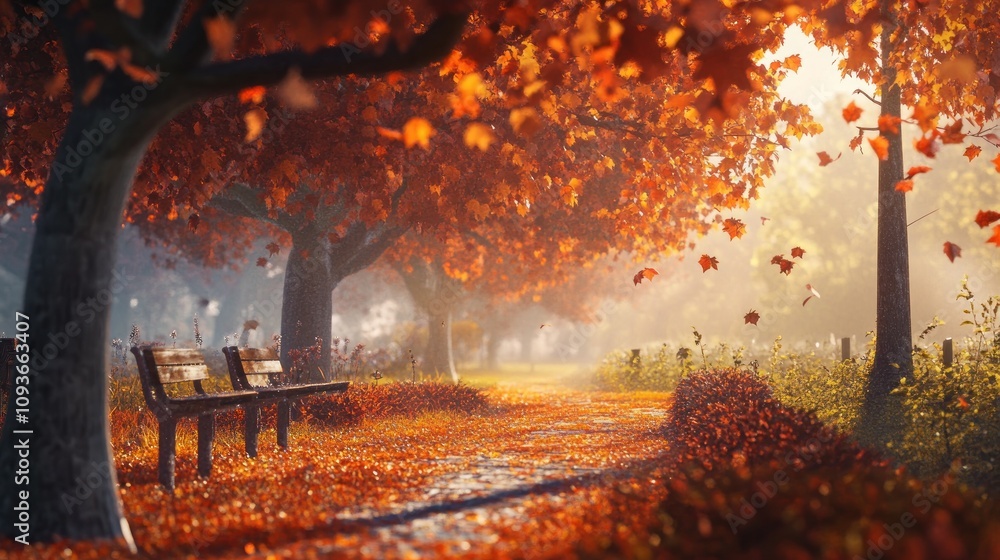 Poster a serene autumnal scene with a pathway leading through a park with a bench under a canopy of colorfu