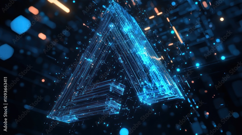 Poster abstract glowing blue triangle shape with a digital effect.