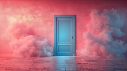 A surreal scene featuring a blue door amidst pink clouds in a stylized room.