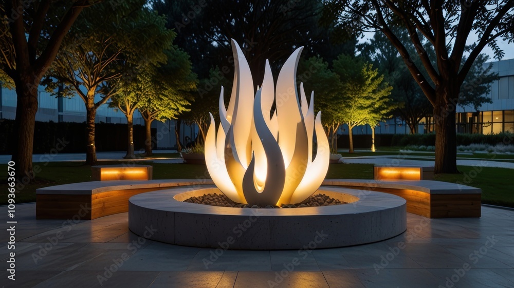 Poster here's a description and keywords for your image.. illuminated flame sculpture in a modern courtyard
