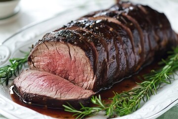 Sliced roasted beef tenderloin with rosemary sprigs on a white platter.