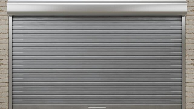 Three dimensional animation of modern aluminum roller shutter or garage door with horizontal slats mounted on beige brick wall. 