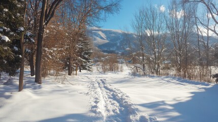 Fototapeta premium A snowy path through a winter forest with mountains in the background.