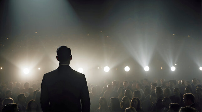 Silhouette Of A Man On Stage Facing A Packed Audience With Dramatic Spotlights Creating An Inspiring And Captivating Atmosphere