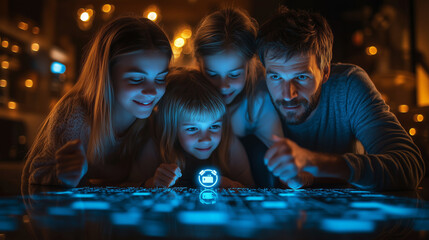 A family celebrating secure online interactions with glowing security icons over their connected devices