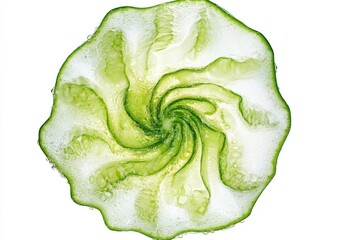 Obraz premium A swirling, abstract pattern created by a sliced cucumber submerged in water.