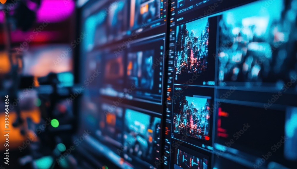 Poster Multiple screens displaying footage in a post-production editing studio.