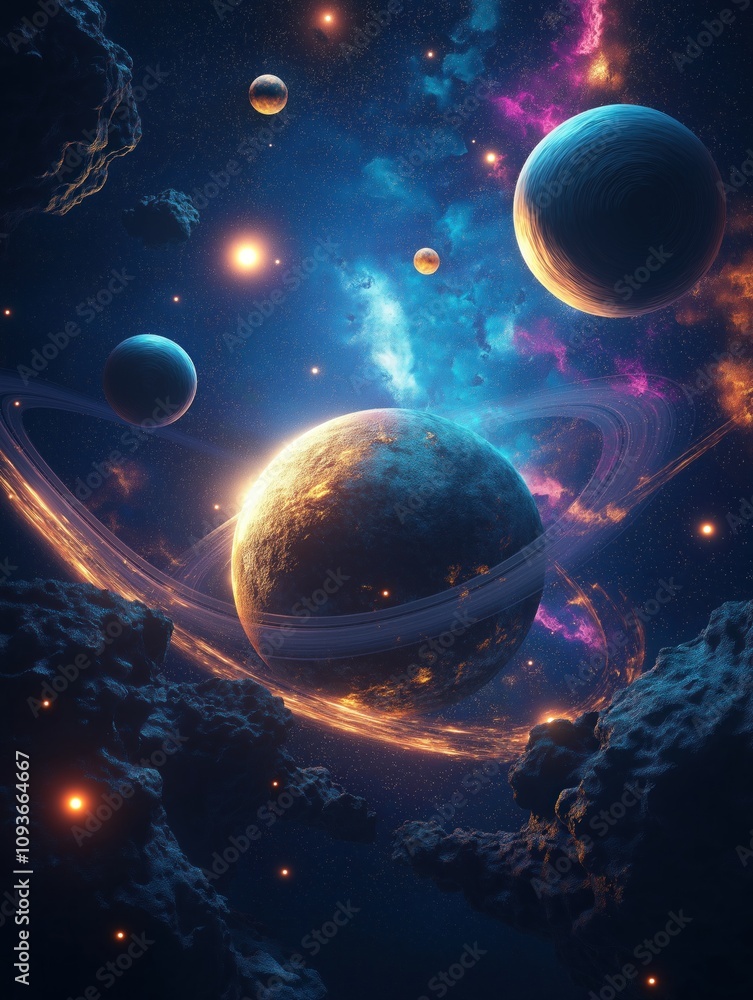 Aufkleber surreal 3d space illustration shows planets, asteroids in deep space with glowing rings, starlight. 