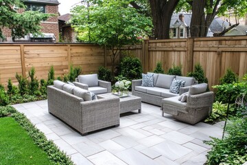 A modern patio with a grey sectional sofa, coffee table and two accent chairs on a tiled patio. The space is enclosed by a wooden fence and lush greenery.
