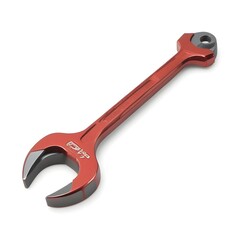 A red and silver adjustable wrench