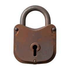 An old, rusty metal padlock with a keyhole and a worn, weathered surface