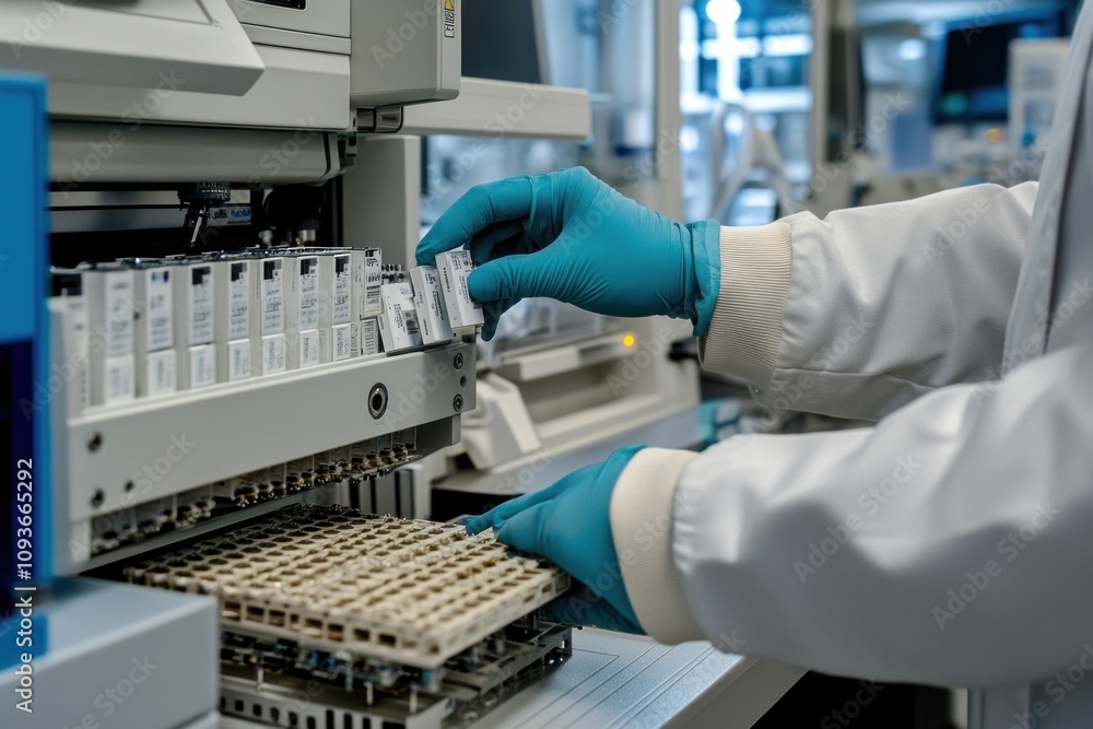 Aufkleber A scientist wearing blue gloves is working with a lab machine, loading a sample into it.