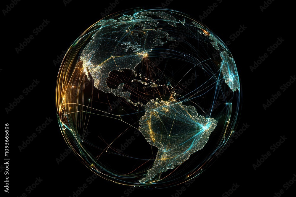 Poster a stylized, glowing, connected world map with lines connecting cities and continents.
