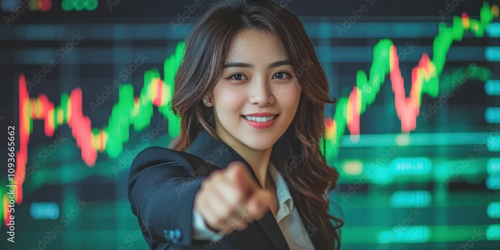 Aufkleber confident businesswoman pointing towards the camera with a stock market chart in the background.
