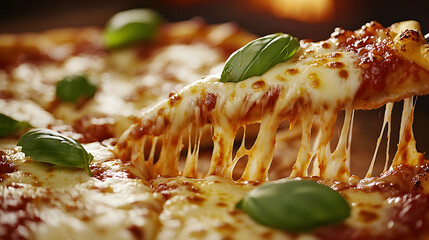 A classic margherita pizza fresh from the oven with melted mozzarella and fragrant basil leaves.