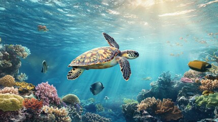 Fototapeta premium Sea Turtle Swimming Through Coral Reef