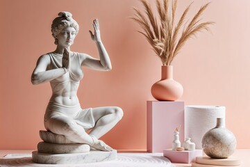 Marble Statue of Ancient Greek Goddess Doing Yoga on Pastel Background Promoting Health and Mindfulness