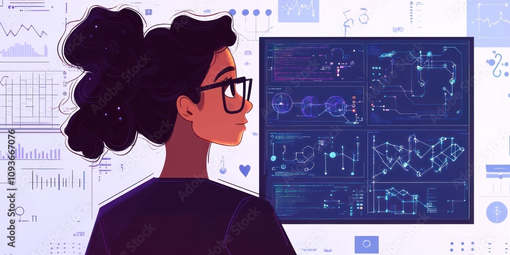 Poster A young woman with glasses and a ponytail looks at a screen full of programming code and charts, surrounded by more complex equations, data, and patterns.